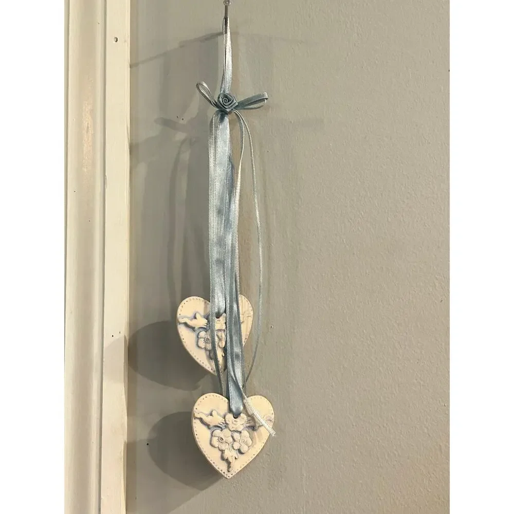 Blue Floral Clay Heart Hanging Ornament Ribbon Decor Handcrafted